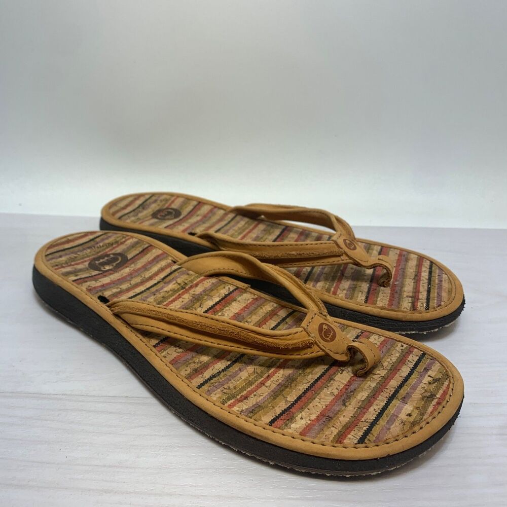 Women's Flip Flops‎ Size 9 Leather And Cork Lamo Striped Earth Tone